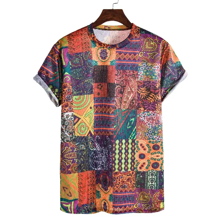 Men Multi Color Patchwork T-Shirt Casual Short Sleeve - Image 2