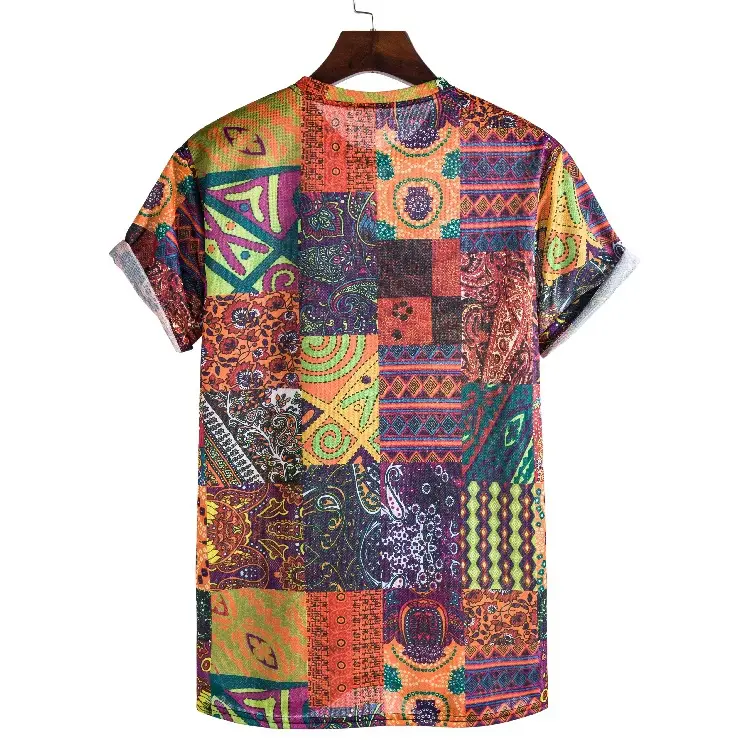 Men Multi Color Patchwork T-Shirt Casual Short Sleeve - Image 3