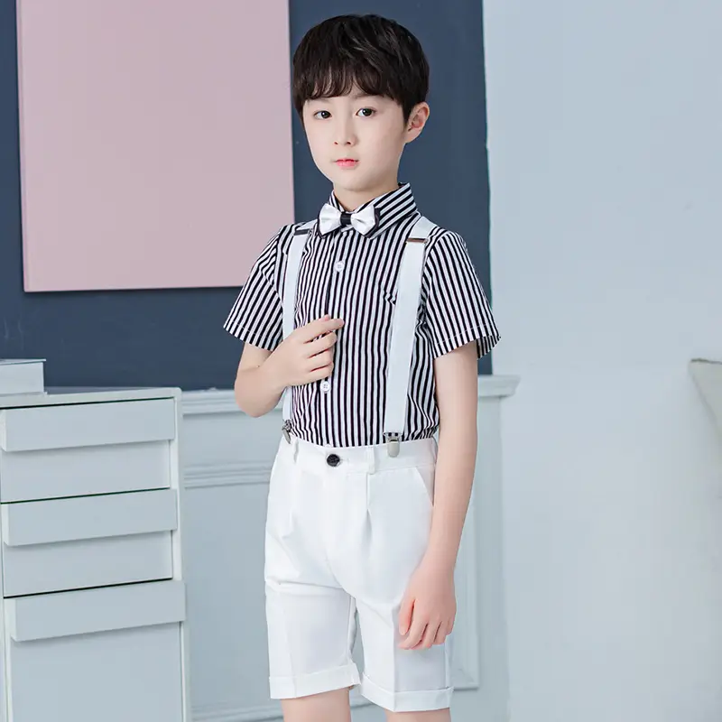 White 4-Piece Kids Suit Striped Shirt Shorts Back Belt - Image 9