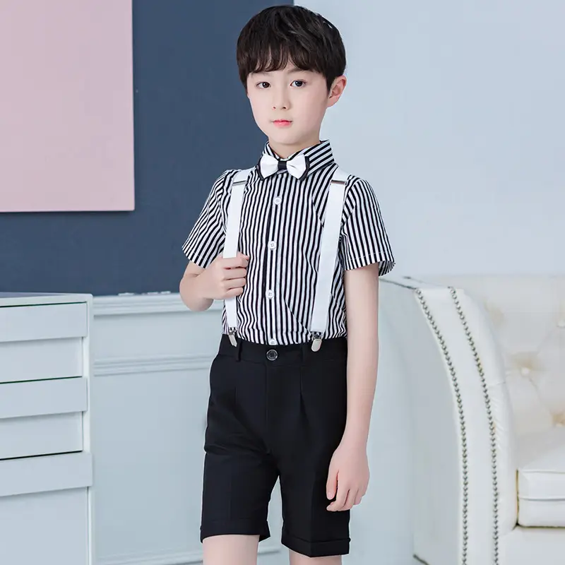 White 4-Piece Kids Suit Striped Shirt Shorts Back Belt - Image 10