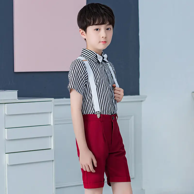 White 4-Piece Kids Suit Striped Shirt Shorts Back Belt - Image 11
