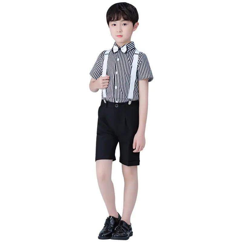White 4-Piece Kids Suit Striped Shirt Shorts Back Belt - Image 12