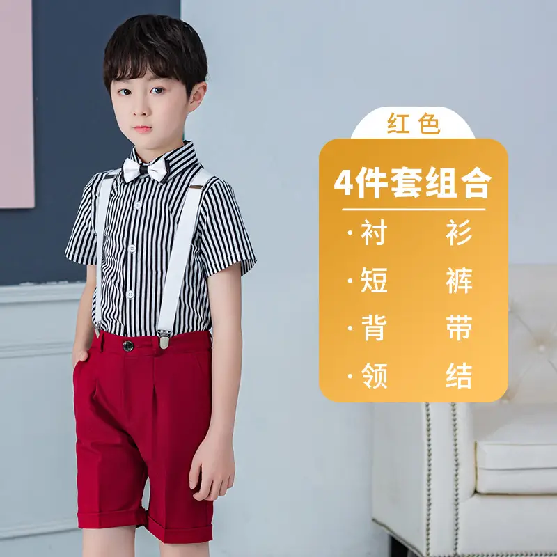 White 4-Piece Kids Suit Striped Shirt Shorts Back Belt - Image 4