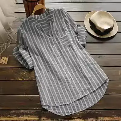 V-Neck Striped Women's Shirt with 7-Point Sleeves - Image 6