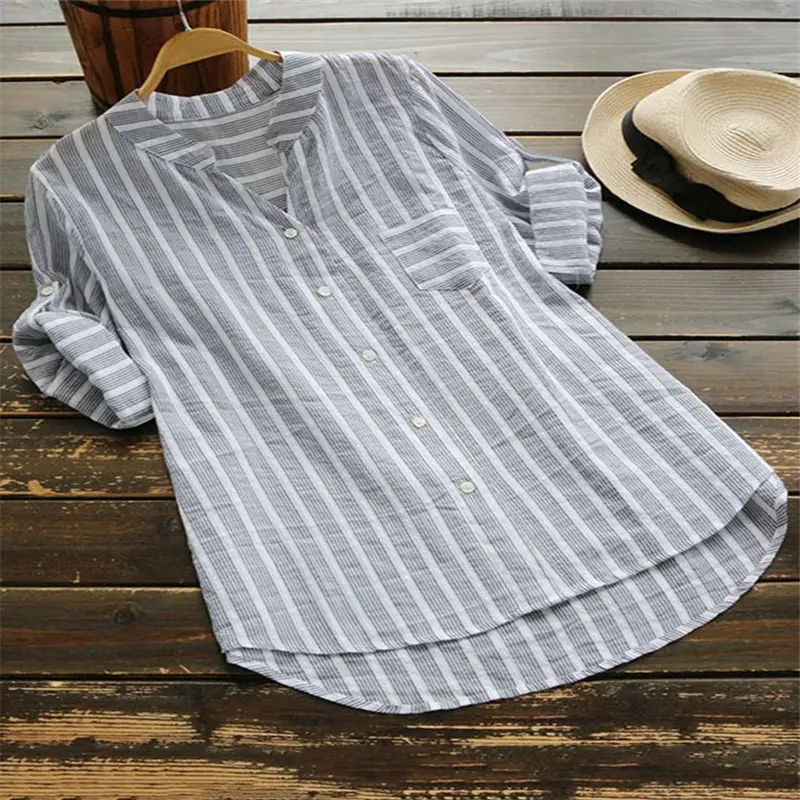 V-Neck Striped Women's Shirt with 7-Point Sleeves - Image 4