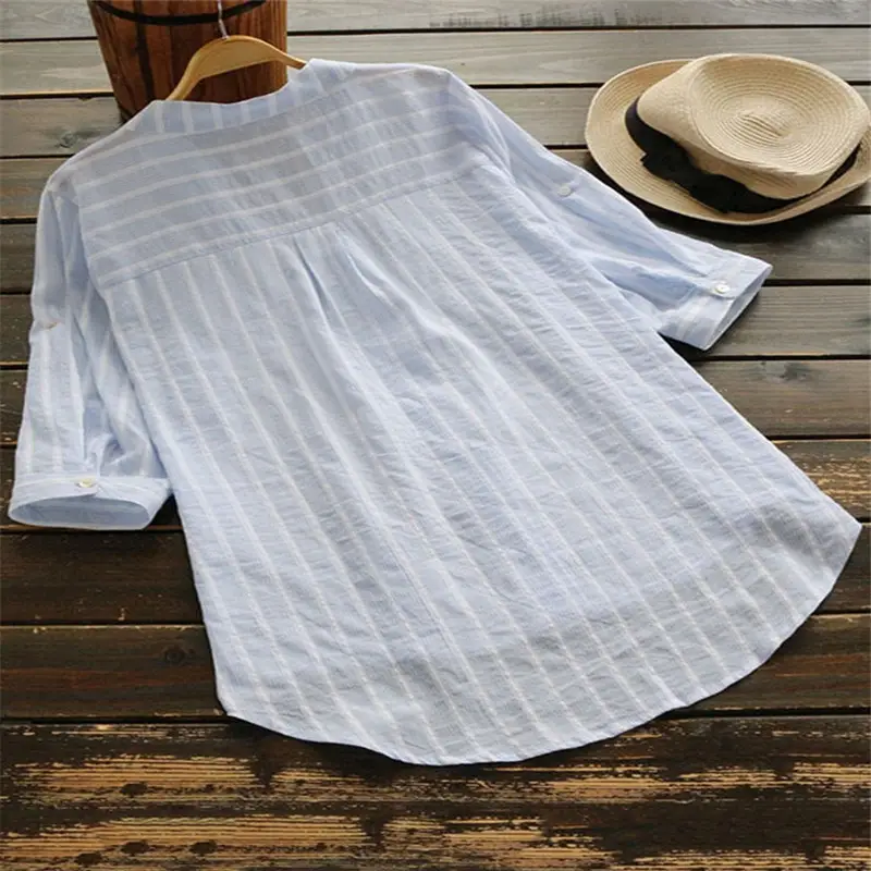 V-Neck Striped Women's Shirt with 7-Point Sleeves - Image 3