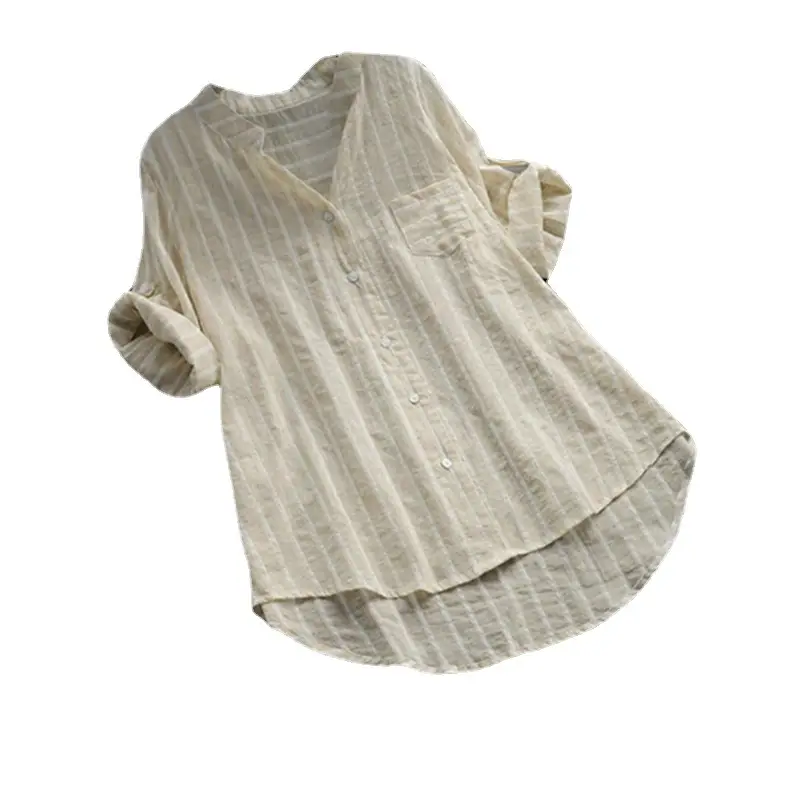 V-Neck Striped Women's Shirt with 7-Point Sleeves - Image 7