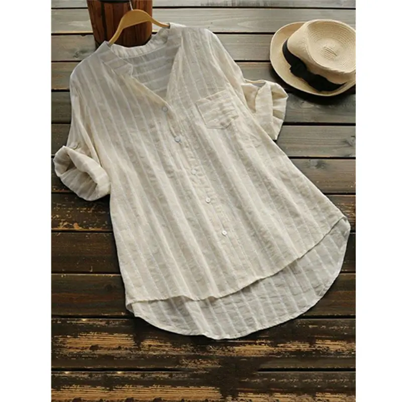 V-Neck Striped Women's Shirt with 7-Point Sleeves - Image 2