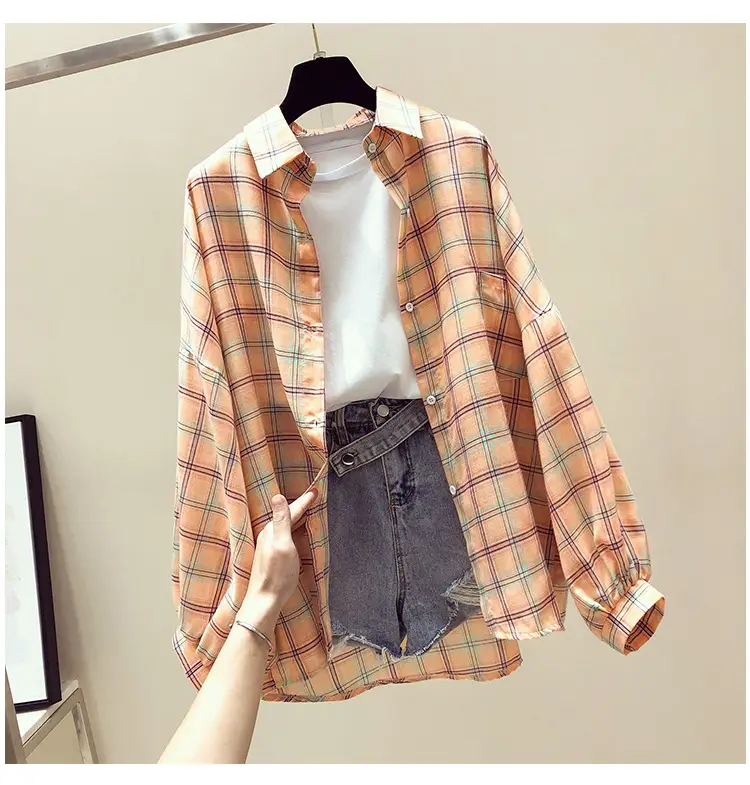 Women Plaid Shirt Spring Summer 2021 Loose Fit Korean Style — feature 12