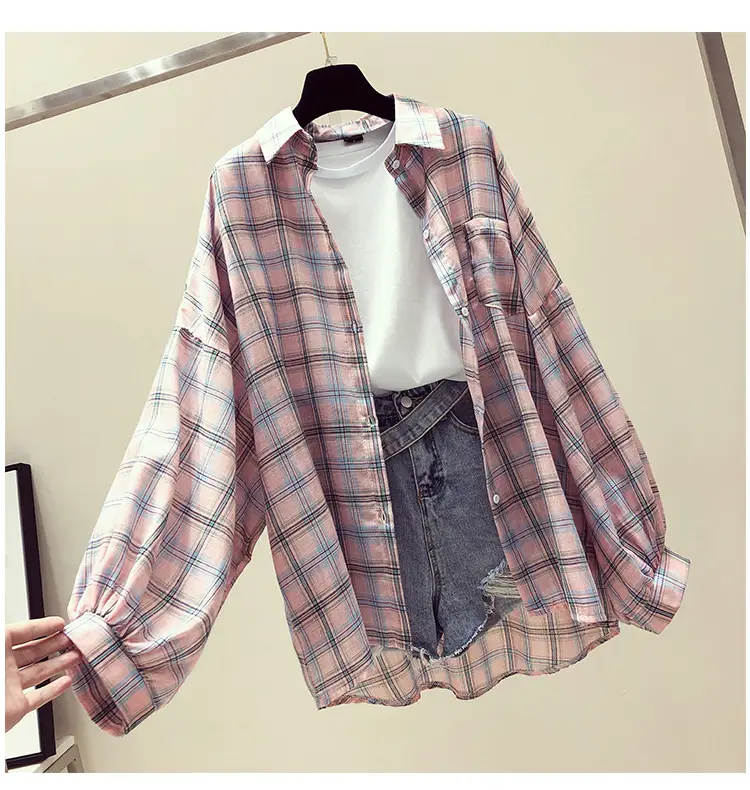 Women Plaid Shirt Spring Summer 2021 Loose Fit Korean Style — feature 4