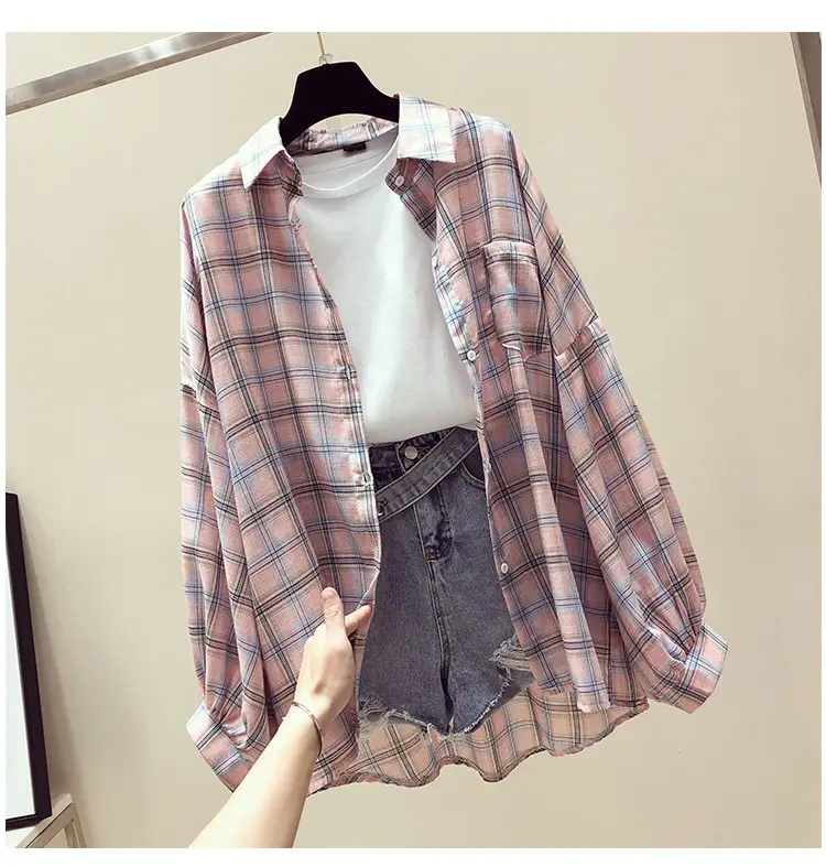 Women Plaid Shirt Spring Summer 2021 Loose Fit Korean Style — feature 6