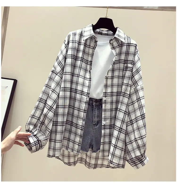 Women Plaid Shirt Spring Summer 2021 Loose Fit Korean Style — feature 8