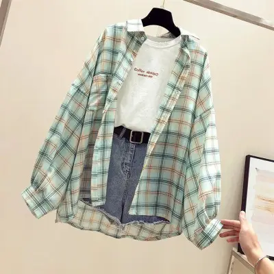 Women Plaid Shirt Spring Summer 2021 Loose Fit Korean Style - Image 3