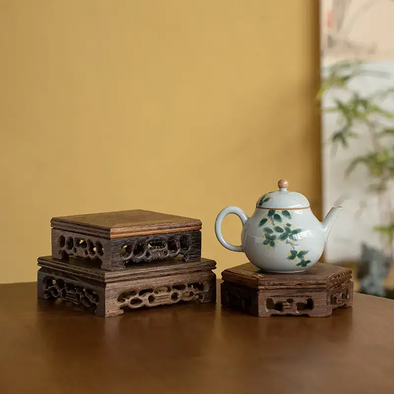 Carved Wooden Tea Mat with Floral Vase and Buddha Base - Image 3