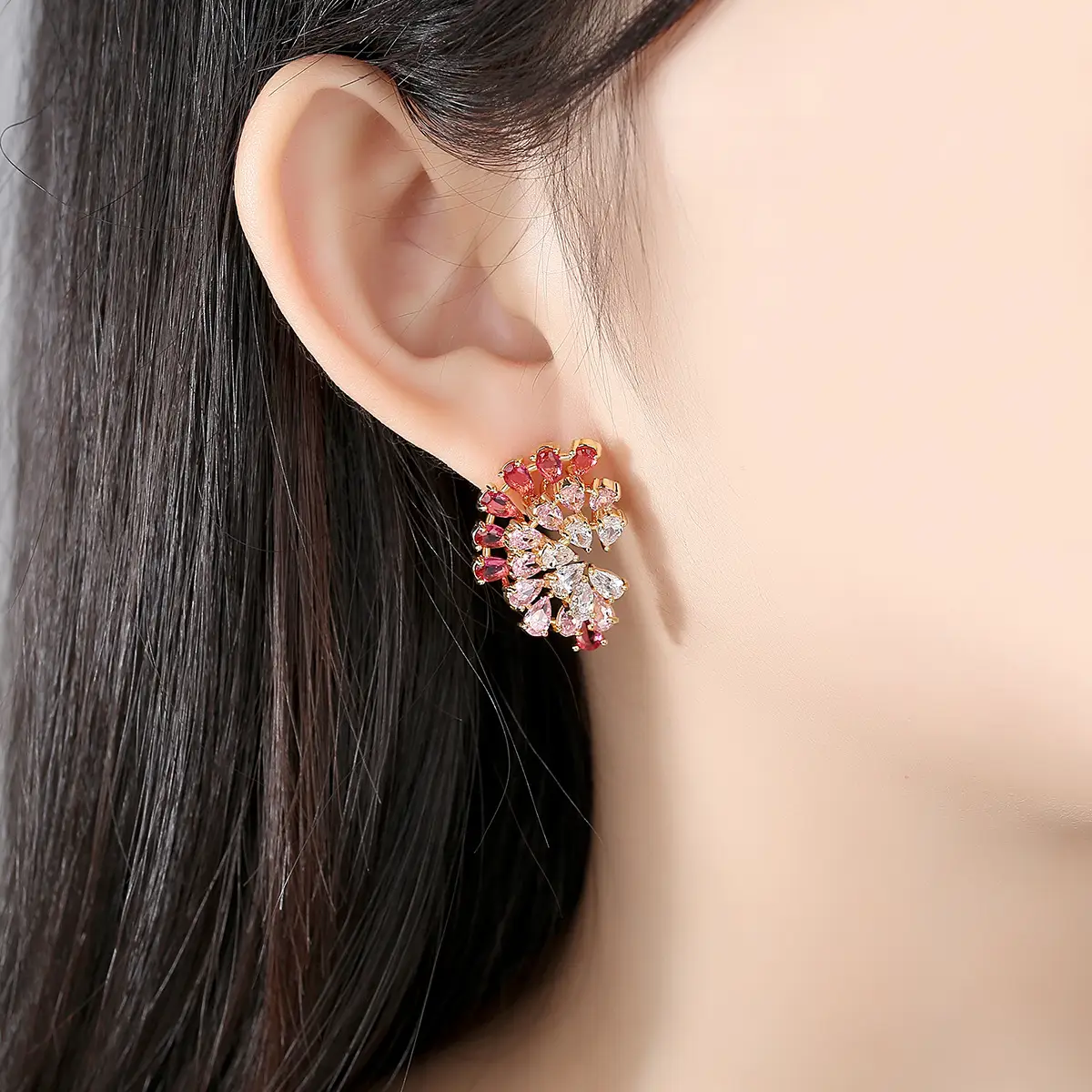 Jinse Zircon Earrings Red White Gradient Korean Style - Image 3