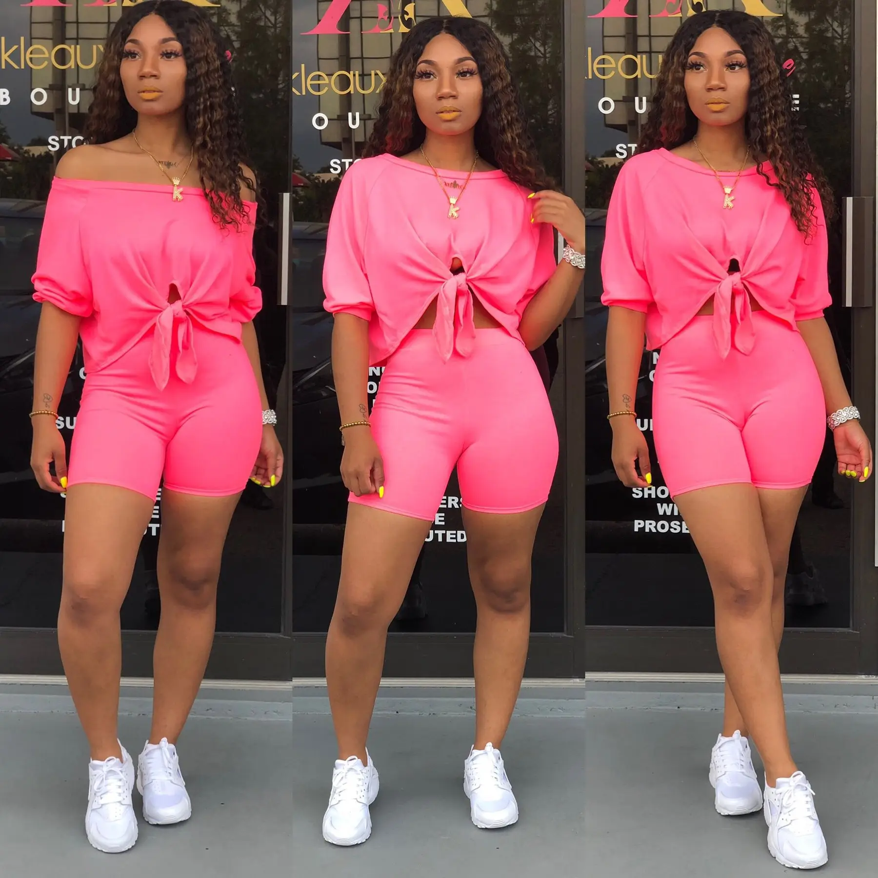 2023 Pink Crop Top Shorts Two-Piece Set for Women — feature 25