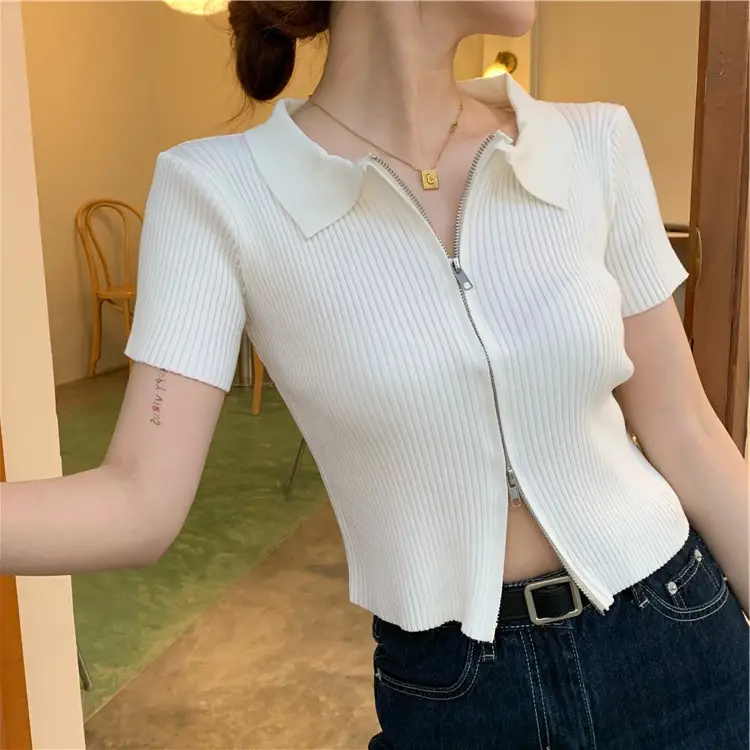 Women's White Knit Lapel Zipper Top Short Sleeve - Image 5