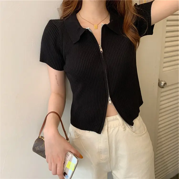 Women's White Knit Lapel Zipper Top Short Sleeve - Image 6