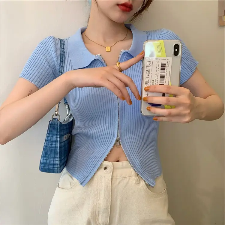 Women's White Knit Lapel Zipper Top Short Sleeve - Image 7