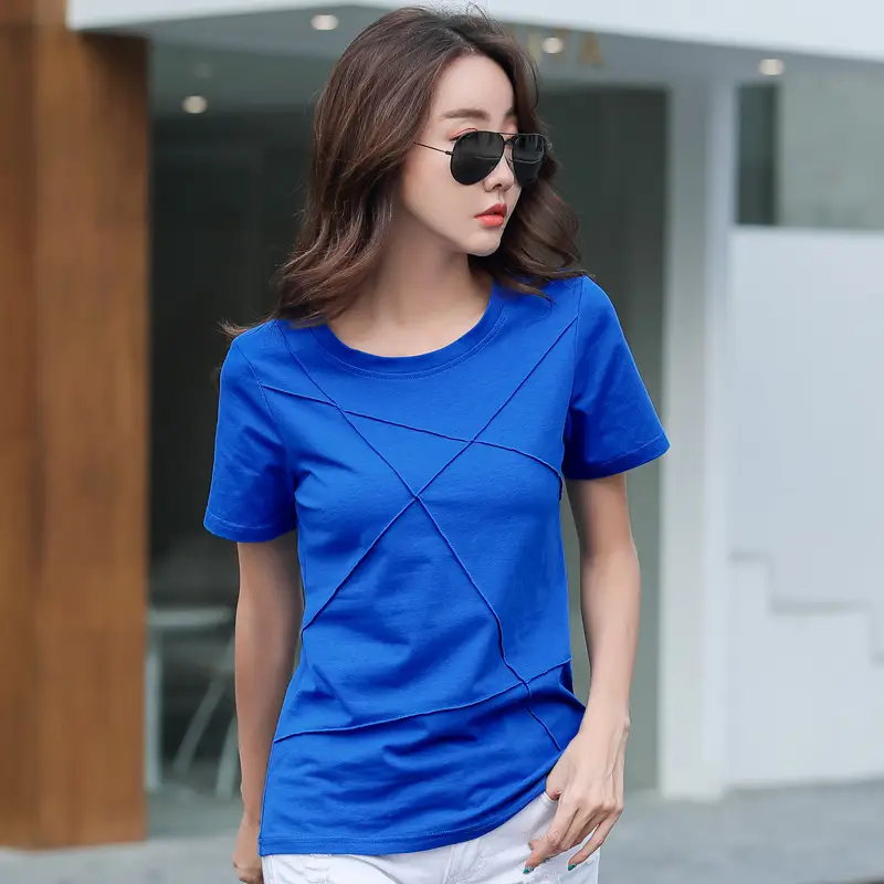Women Cotton T-Shirt Blue Loose Round Neck Summer - Image 4