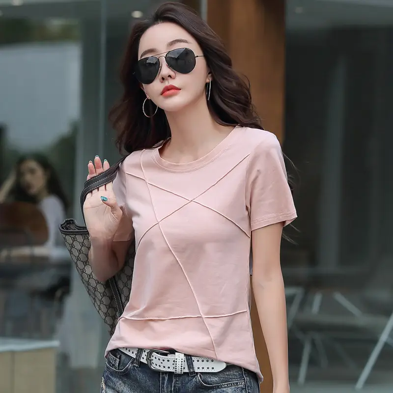 Women Cotton T-Shirt Blue Loose Round Neck Summer - Image 2
