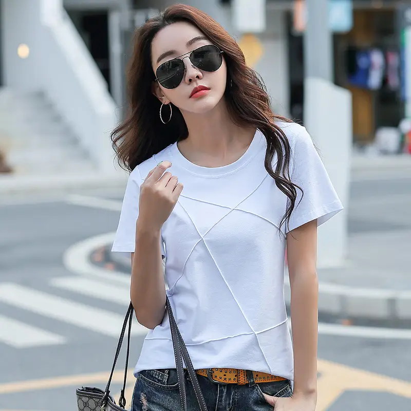Women Cotton T-Shirt Blue Loose Round Neck Summer - Image 3
