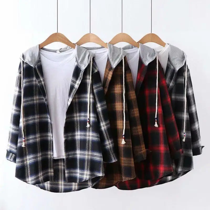 2025 Women Plaid Hooded Long Sleeve Shirt Set - Image 6
