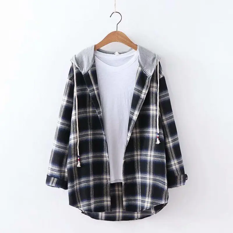 2025 Women Plaid Hooded Long Sleeve Shirt Set - Image 3