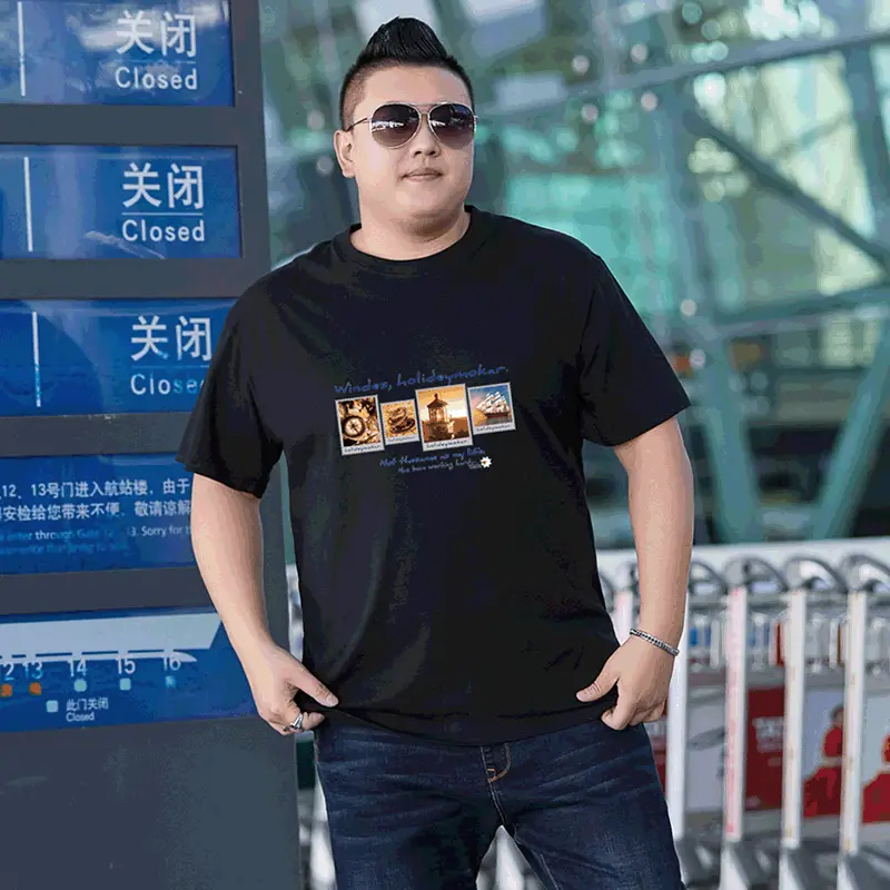 Men Navy Blue Stamp Print T-Shirt Plus Size - Image 5