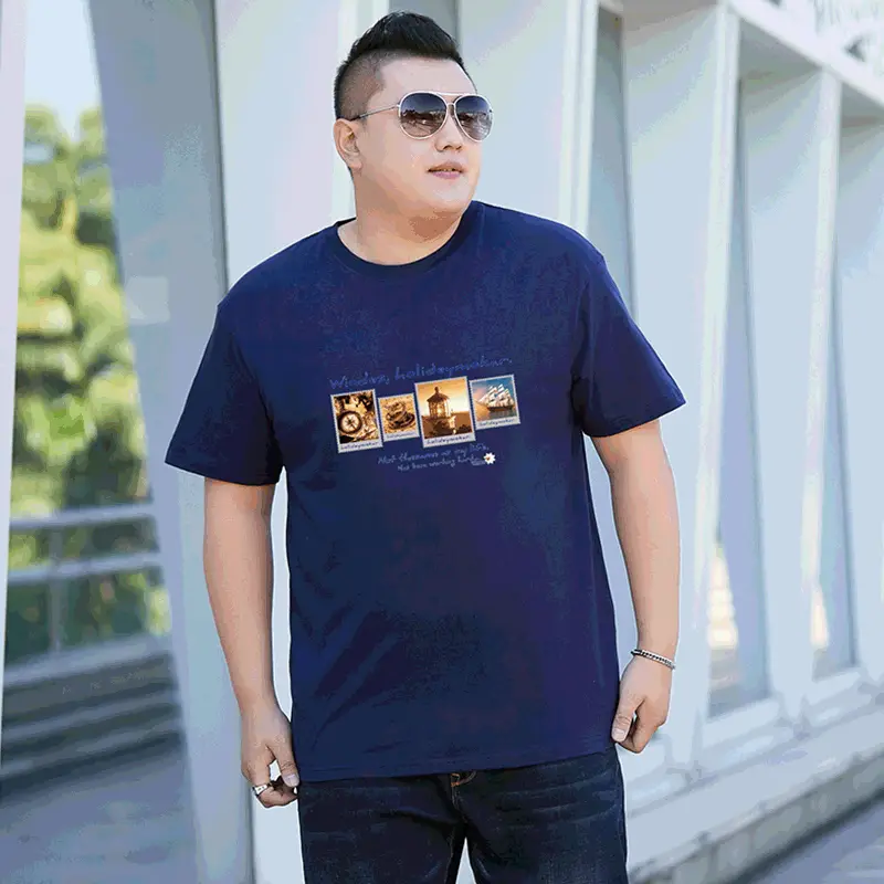 Men Navy Blue Stamp Print T-Shirt Plus Size - Image 6