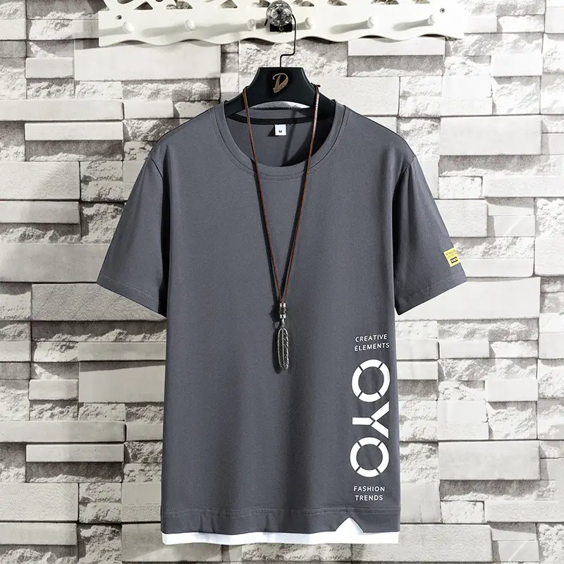 Men Korean Style Short Sleeve T-Shirt Grey Letter Print - Image 2