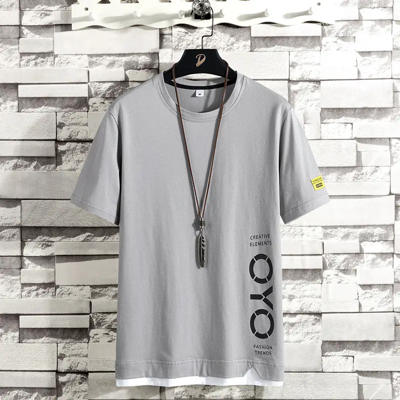 Men Korean Style Short Sleeve T-Shirt Grey Letter Print - Image 4