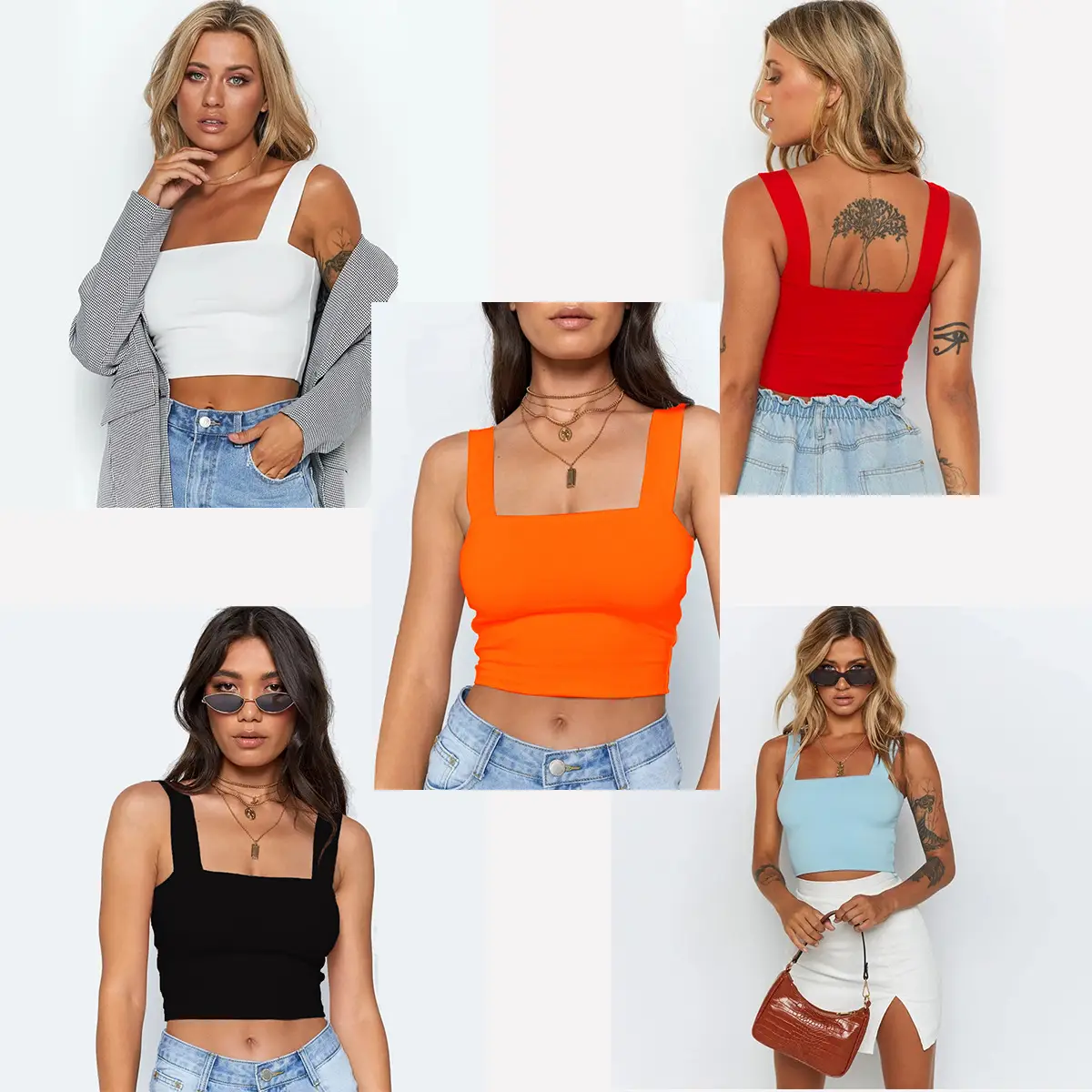 2024 European & American Summer Women's Crop Tops Square Neck T-Shirts
