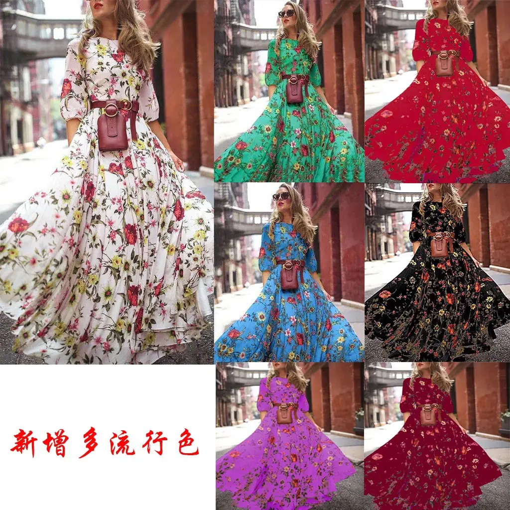 Women's Chiffon Printed Long Dress Red Floral Bohemian Holiday - Image 7