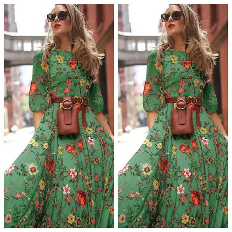 Women's Chiffon Printed Long Dress Red Floral Bohemian Holiday - Image 9