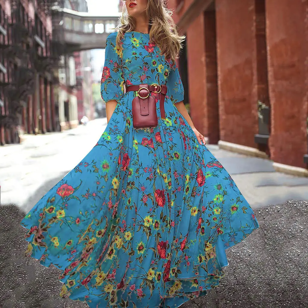 Women's Chiffon Printed Long Dress Red Floral Bohemian Holiday - Image 10