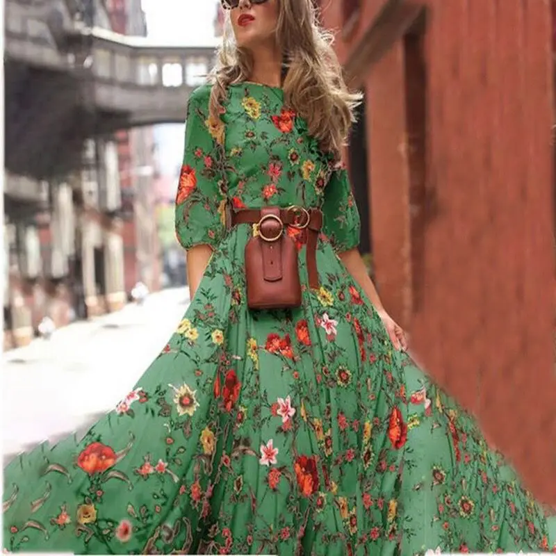 Women's Chiffon Printed Long Dress Red Floral Bohemian Holiday - Image 2