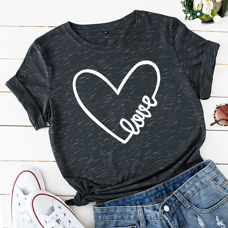 Women Grey Heart "Love" Round Neck T-Shirt - Image 13