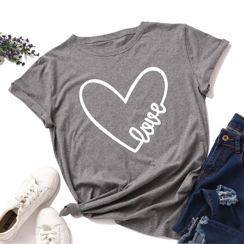 Women Grey Heart "Love" Round Neck T-Shirt - Image 6