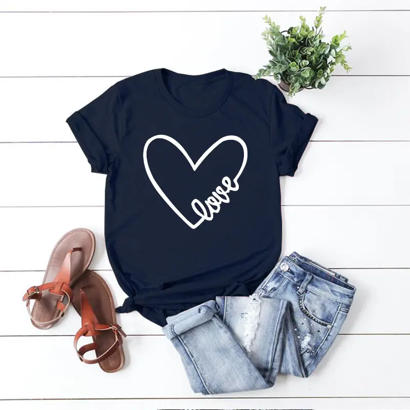 Women Grey Heart "Love" Round Neck T-Shirt - Image 9