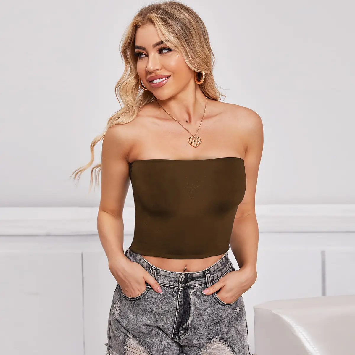 Black Off-Shoulder Halter Neck Crop Top with Chest Pads - Image 9