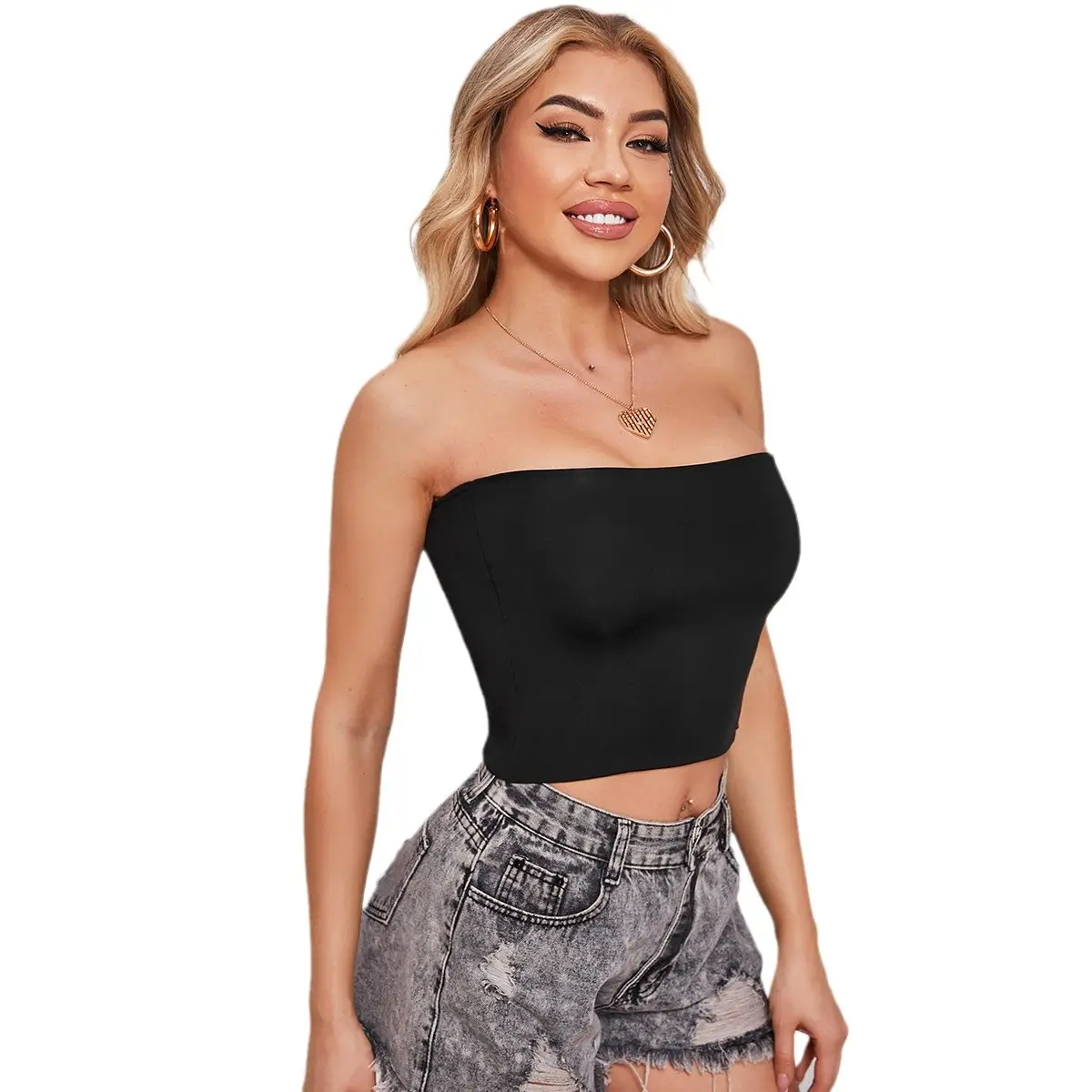 Black Off-Shoulder Halter Neck Crop Top with Chest Pads - Image 12