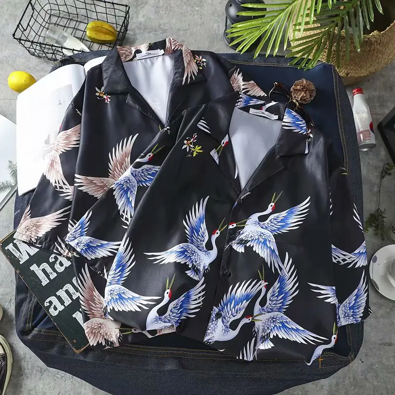 Unisex Crane Print Summer Shirt Black 2022 - Image 3