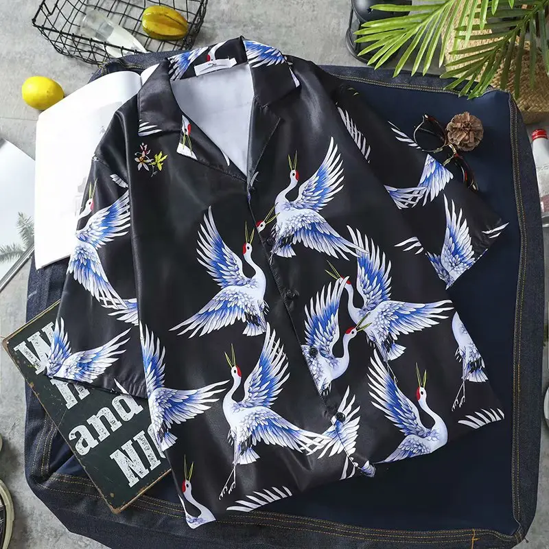 Unisex Crane Print Summer Shirt Black 2022 - Image 4