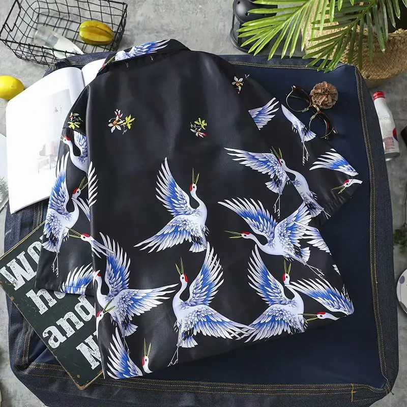 Unisex Crane Print Summer Shirt Black 2022 - Image 5
