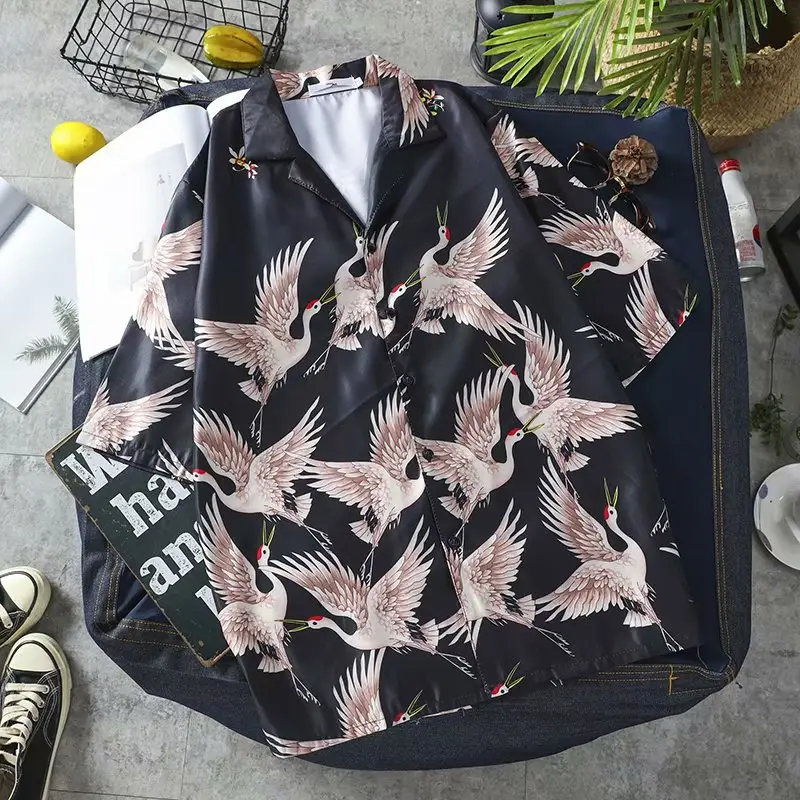 Unisex Crane Print Summer Shirt Black 2022 - Image 6