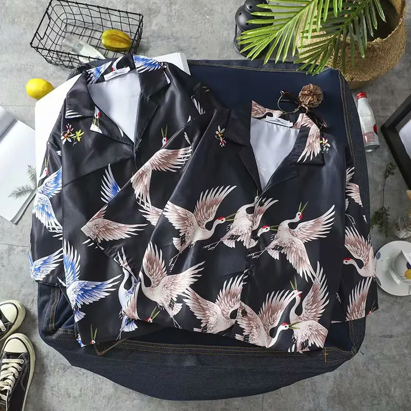 Unisex Crane Print Summer Shirt Black 2022 - Image 7