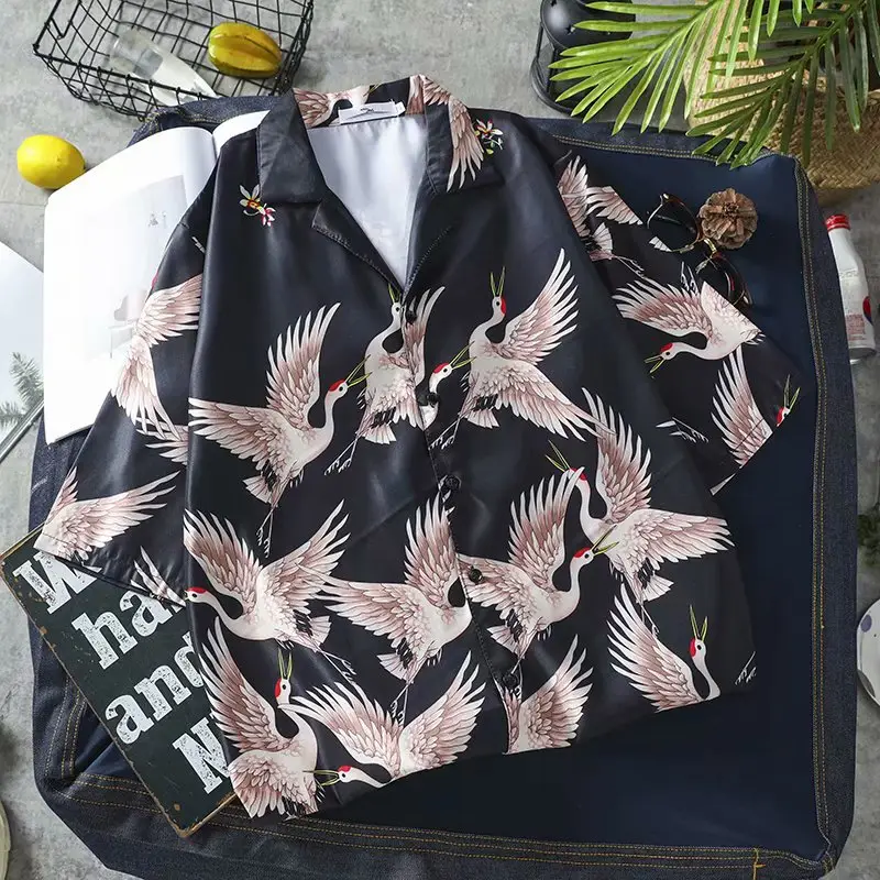 Unisex Crane Print Summer Shirt Black 2022 - Image 2