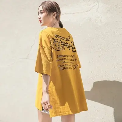 Women 2025 Summer Korean Style T-Shirt Yellow Loose Retro - Image 2