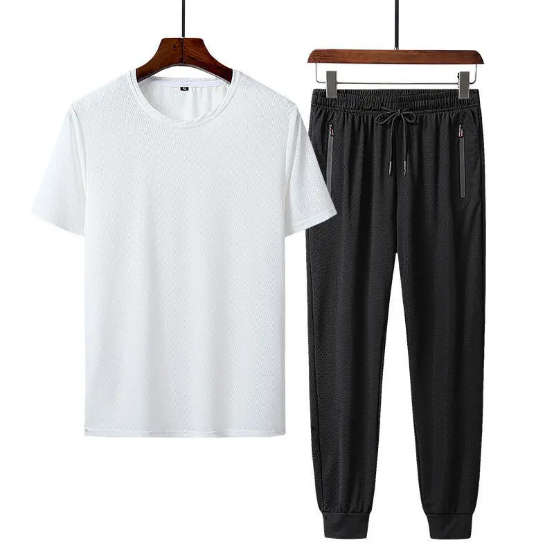 Men Ice Silk Mesh T-Shirt Shorts Black Summer - Image 3